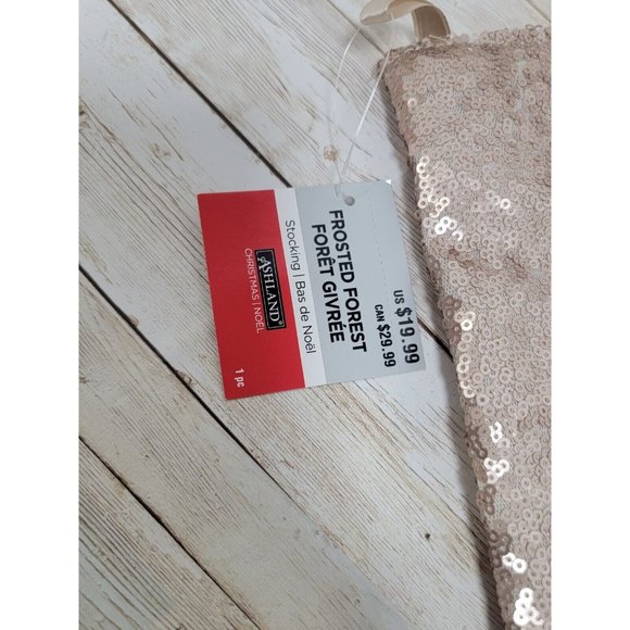 Gold Pink Frosted Forest Sequin Christmas Stocking Champange Sequins 17” New - Picture 2 of 7